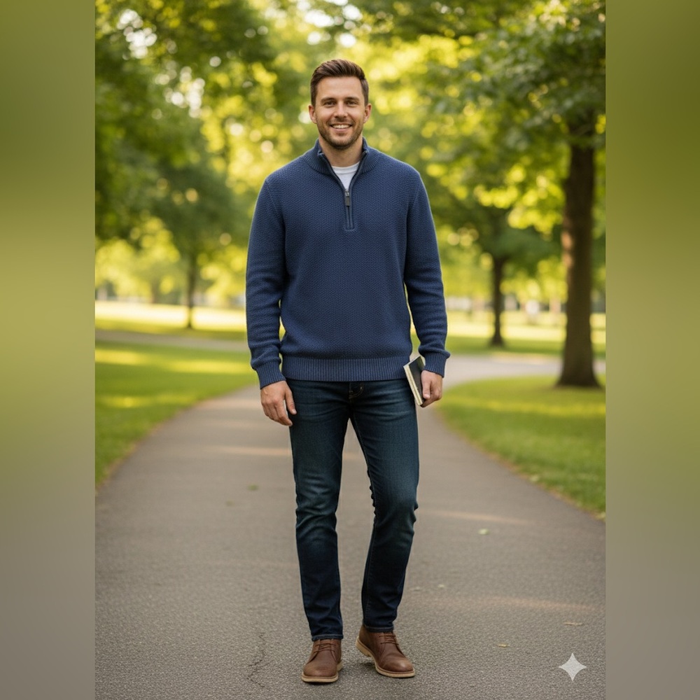 J. Crew Men's Sweater Waffle Knit 1/4 Zip Large Pullover Blue Cotton Casual Warm